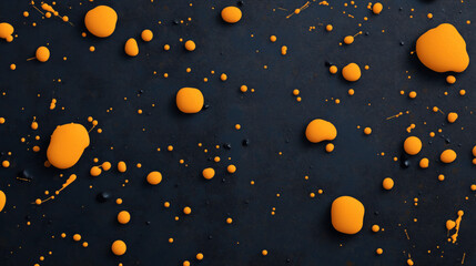 Abstract image of scattered orange droplets on a dark textured surface, creating a dynamic and artistic composition highlighting contrast and color.