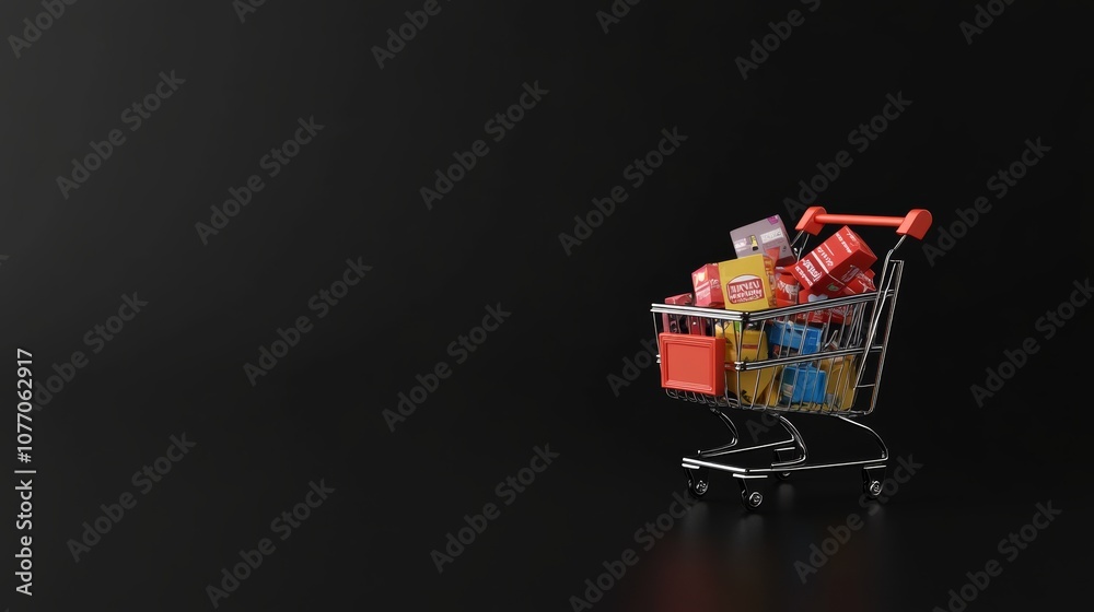 Poster miniature shopping cart full of colorful generic products on a dark background representing online s