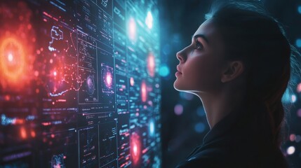 Naklejka premium Profile of a woman studying a high-tech holographic screen filled with digital data and network visuals in a dimly lit setting.