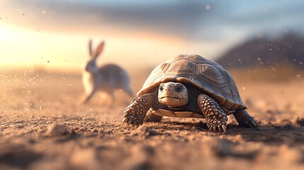 Turtle slowly moving across a desert landscape.