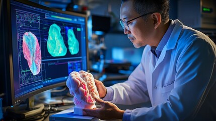 Scientist Analyzing 3D Brain Model with Digital Visualization in Modern Laboratory Setting, Exploring Neuroscience Research and Technological Advancements in Brain Mapping Techniques