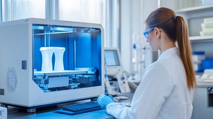 Female Engineer Operating Advanced 3D Printer in Modern Laboratory Setting, Focusing on Innovative Technology and Precision in Design and Manufacturing Processes