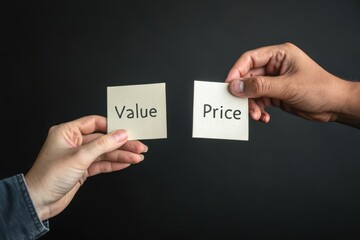 Businesspeople comparing price and value using sticky notes