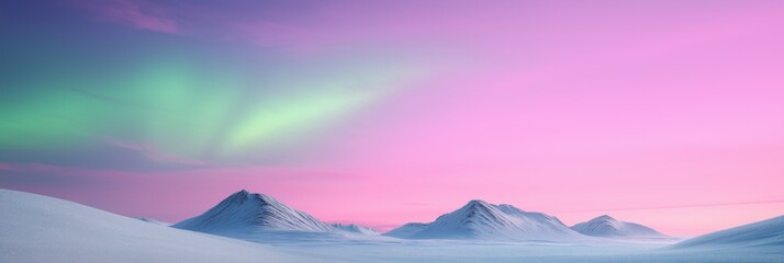 Fototapeta premium A beautiful mountain range with a pink sky in the background. The mountains are covered in snow and the sky is filled with auroras
