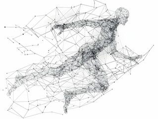 Fototapeta premium A simple line drawing of an abstract digital human figure in motion, composed entirely from interconnected lines and dots, representing the fusion between technology and sports.