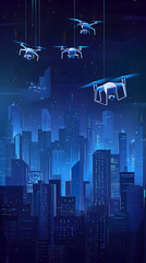 Naklejka premium Drones flying over a futuristic city at night.