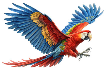 Obraz premium Scarlet Macaw in Flight with Vibrant Wings Spread Wide, Colorful macaw parrot, vibrant feathers isolated on white background