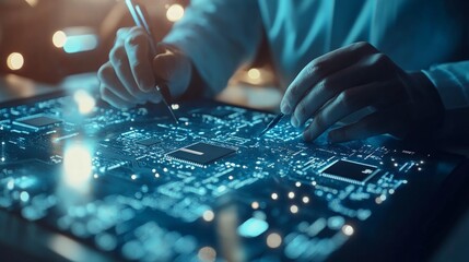 Naklejka premium Engineer analyzing circuit boards in a high-tech lab, emphasizing innovation, product development, and cutting-edge technology.