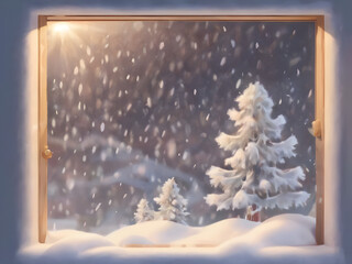 an icon drawing of a window with snow falling outside, warm light coming out from inside, details of snow flurries and shadows.