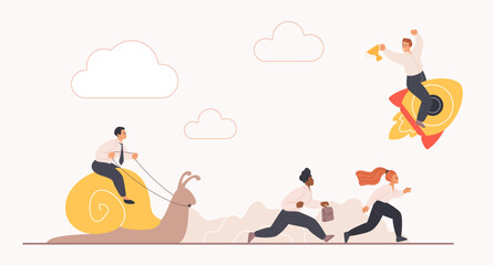 Business competition, goal achievement at different speeds. Tiny people compete in career race, businessman winner flying on rocket, employees running, riding on slow snail cartoon vector illustration