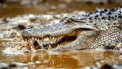 Obraz premium Crocodile with fierce expression emerging from muddy waters
