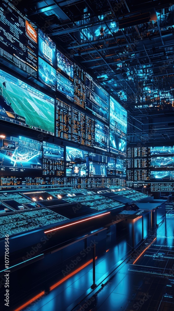 Poster high-tech newsroom with multiple screens displaying data