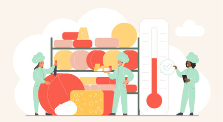 Cheese production and storage, food product presentation and tasting at cheese factory or shop. Tiny people holding thermometer to control temperature, board with delicacy cartoon vector illustration