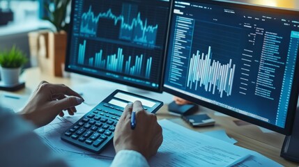 Office Manager Analyzing Financial Documents, engaged in detailed review, utilizing calculator, dual screens showcasing various data analytics for informed decision-making
