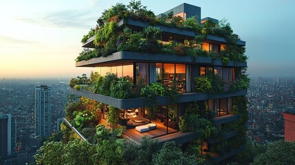 Obraz premium A skyscraper with a facade full of plants symbolizes a city committed to green architecture and ecology