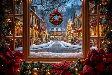 Fototapeta premium A snowy street view through a window adorned with festive Christmas decorations, evoking a cozy holiday atmosphere.