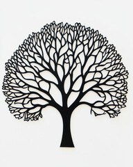 An artistic display features a striking black tree silhouette