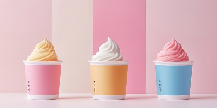 Colorful frozen yogurt cups on striped background