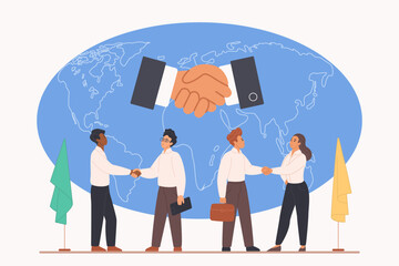 International meeting of diplomats, strategic business agreement and partnership, globalization. Handshake of tiny politicians, investors or ambassadors at world map cartoon vector illustration
