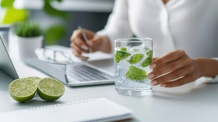 Fototapeta premium Closeup of hands preparing detox water at desk, focus on wellness, bright and tidy