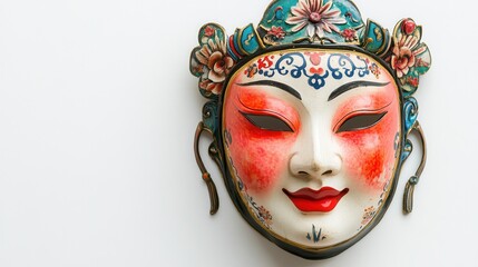 Traditional decorative mask with vibrant colors on a white isolated background.