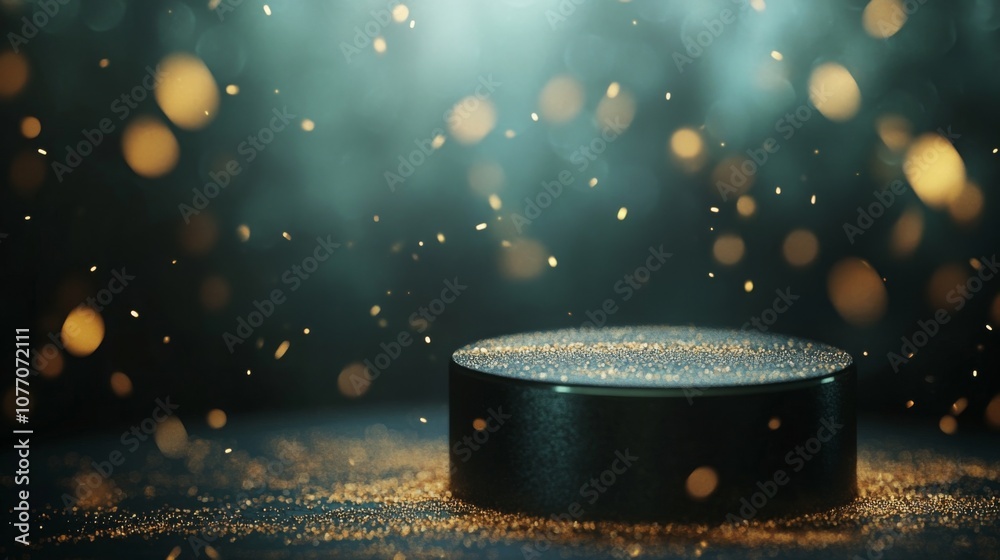 Poster A hockey puck rests on a surface, illuminated by a soft glow, while golden particles float around it, creating a captivating atmosphere typical of an engaging game night in a sports arena.
