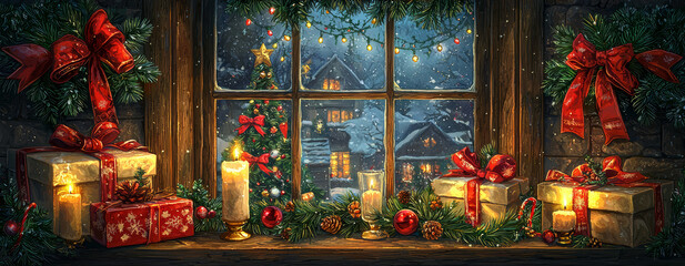 Fototapeta premium A frosted window adorned with festive Christmas decorations and wrapped presents, creating a cozy holiday ambiance.