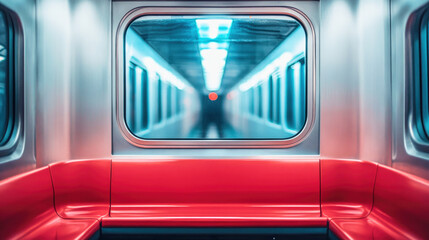 Fototapeta premium A blurred view through a subway car window reveals the mysterious tunnel beyond at dusk