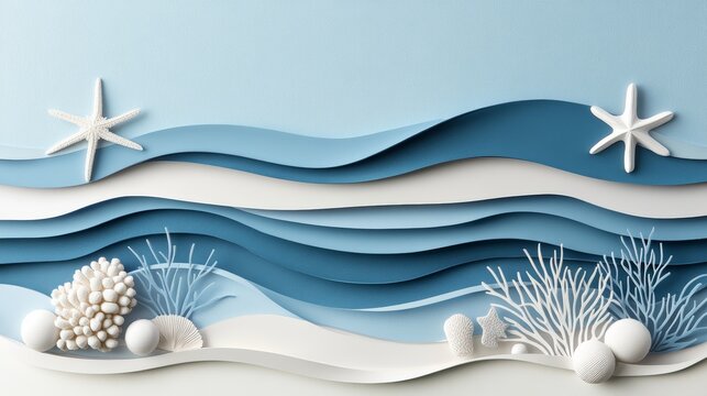 Paper cut beach scene artwork, serene coastal decor with seashells and starfish, handcrafted ocean theme art