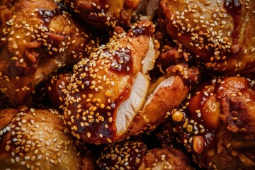 Close-Up of Sticky Honey Sesame Fried Chicken Wings Dripping with Sauce