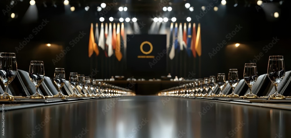 Aufkleber a spacious conference room with a long table, adorned with elegant chairs and illuminated by stage l