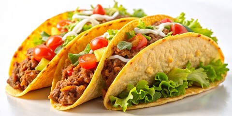 Three Delicious Tacos with Ground Beef, Tomatoes, Lettuce, and Sour Cream, Mexican Food, Taco Recipe