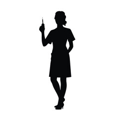 A silhouette of a nurse standing and holding a medicine bottle and an injection syringe