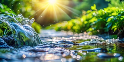 Fototapeta premium Sunlit Stream with Water Droplets, Nature Photography, Water Flow , nature