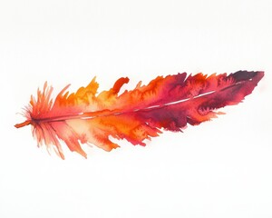 Vibrant watercolor feather, blending shades of orange, red, and purple.