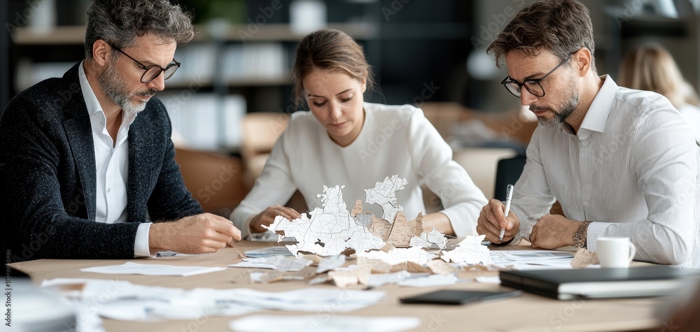 Fototapete A group of three professionals collaborate on a project at a table, surrounded by papers and creative materials in a modern workspace.