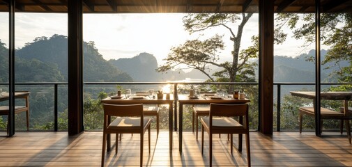 Fototapeta premium A serene restaurant scene featuring wooden tables and chairs, illuminated by sunrise hues, offering a picturesque view of nature.