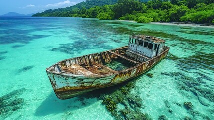 Obraz premium A sunken fishing boat in the bay, a victim of rising waters, illustrating the effects of global environmental shifts