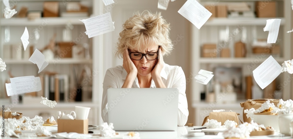 Aufkleber a stressed woman is overwhelmed with paperwork while working on a laptop, surrounded by crumpled doc