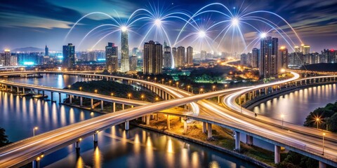 Obraz premium Night Cityscape with Intertwined Bridges and Fireworks, cityscapes ,night photography