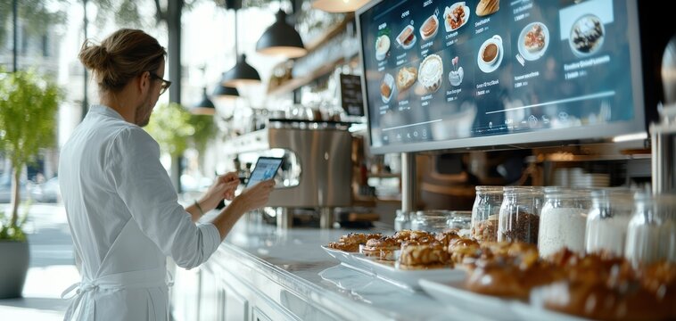 A barista checks a digital menu while standing at a modern cafe, showcasing pastries and drinks in a bright, inviting atmosphere.