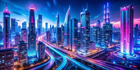 Obraz premium Neon Cityscape Futuristic Skyline with Light Trails, Night Photography, Urban Architecture, Neon Lights, Night City