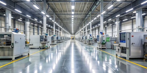 Fototapeta premium Modern Industrial Factory Interior with Bright Lighting and Yellow Lines, Factory, Manufacturing