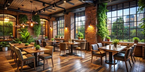 Fototapeta premium Modern Industrial Restaurant Interior with Brick Walls and Large Windows, restaurant ,industrial design