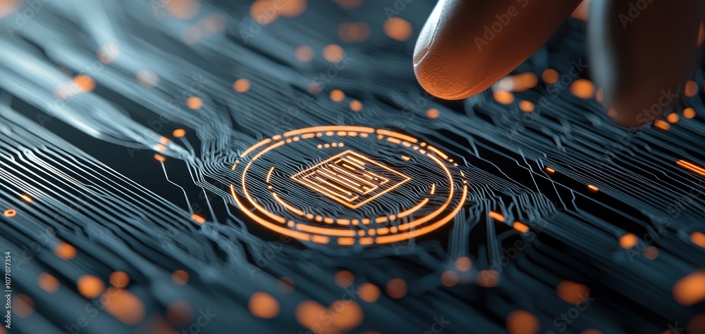 Poster a futuristic image showing a finger touching a glowing circuit-like design with vibrant orange accen