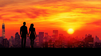 Fototapeta premium Couple holding hands and enjoying a sunset view over the city skyline from a high viewpoint