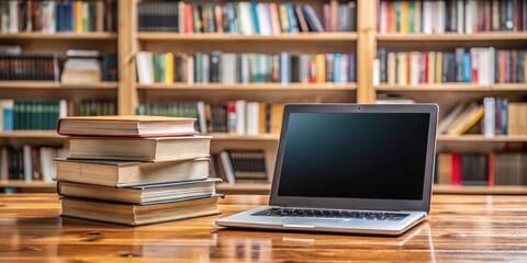 Laptop on Wooden Desk with Bookshelf in Background, Digital Library , E-Learning