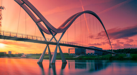 Infinity Bridge on dramatic sky at sunset in Stockton-on-Tees, UK.