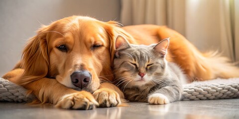 Golden Retriever and Cat Napping Together, Cozy Companions, Indoor Pet Lifestyle, Animal Friends , pet , friendship