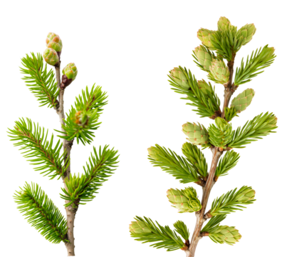 
Sawtooth spruce tree branch with young buds isolated on a white or transparent background, Cut out PNG